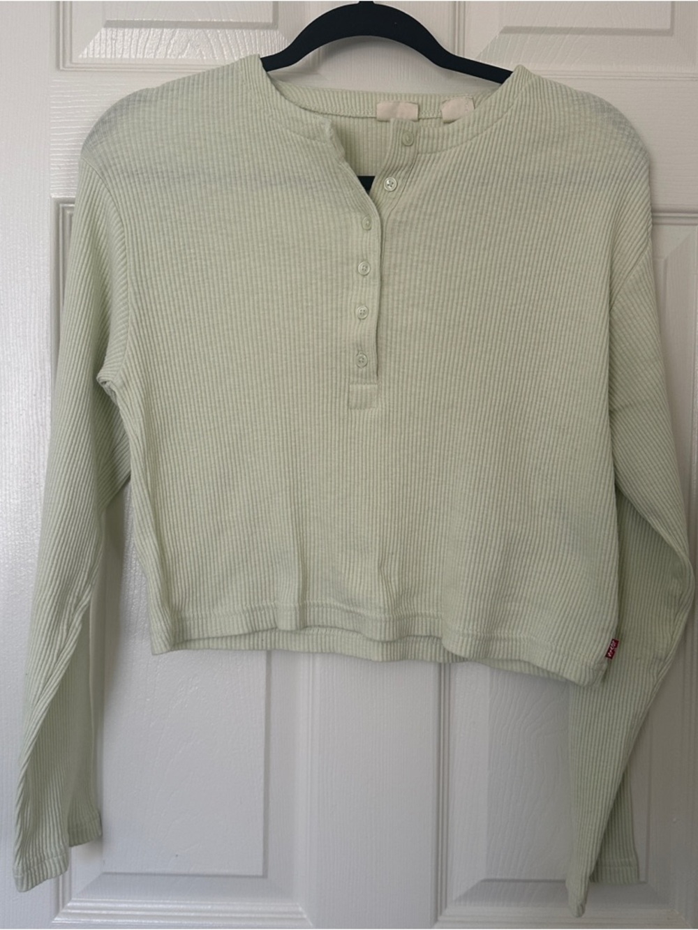 Levi’s Ribbed Henley Crop Top XS Mint Green Long Sleeve Fitted Y2K Basic Layer
